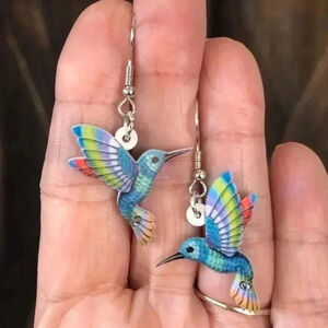 Cute Colorful Blue Hummingbird Bird Drop Earrings NWT